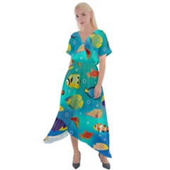 Cheerful And Bright Fish Swim In The Water Cross Front Sharkbite Hem Maxi Dress by SychEva