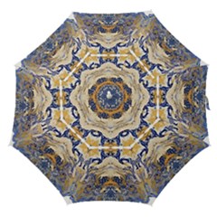 Gold On Blue Symmetry Straight Umbrellas by kaleidomarblingart