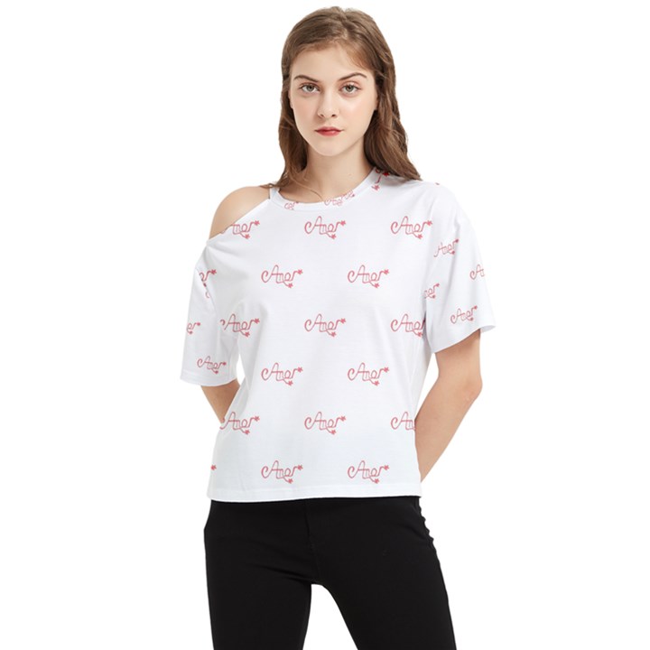 Amor Text Drawing Pattern One Shoulder Cut Out Tee