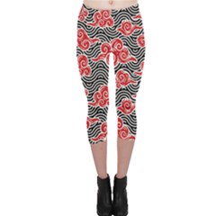 Red Black Waves Capri Leggings  by designsbymallika