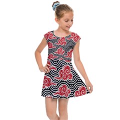 Red Black Waves Kids  Cap Sleeve Dress by designsbymallika