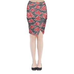 Red Black Waves Midi Wrap Pencil Skirt by designsbymallika