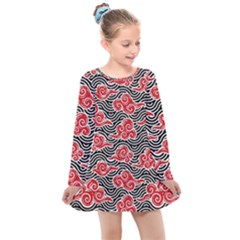 Red Black Waves Kids  Long Sleeve Dress by designsbymallika