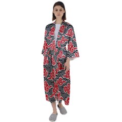 Red Black Waves Maxi Satin Kimono by designsbymallika