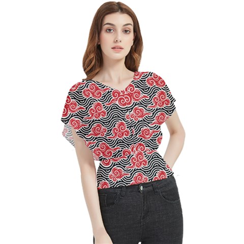 Red Black Waves Butterfly Chiffon Blouse by designsbymallika