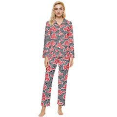 Red Black Waves Womens  Long Sleeve Pocket Pajamas Set