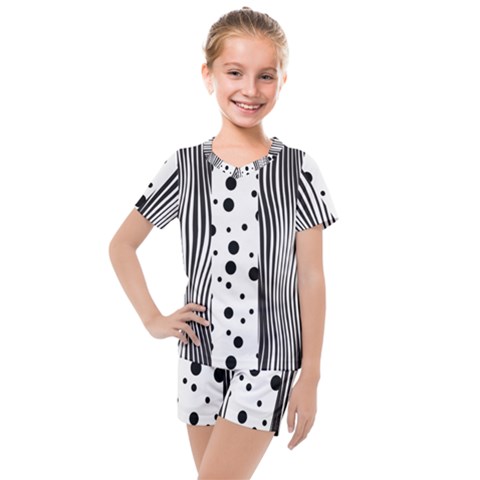 Stripes Black White Pattern Kids  Mesh Tee And Shorts Set by designsbymallika