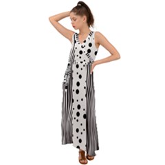 Stripes Black White Pattern V-neck Chiffon Maxi Dress by designsbymallika