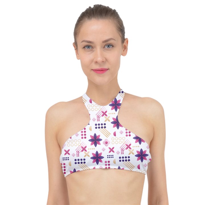 Minimal Floral Pattern High Neck Bikini Top