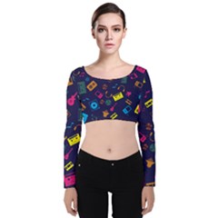 Seamless Musical Pattern Velvet Long Sleeve Crop Top by designsbymallika