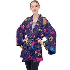 Seamless Musical Pattern Long Sleeve Velvet Kimono  by designsbymallika