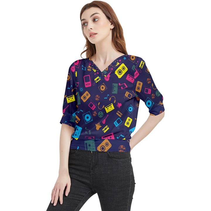 Seamless Musical Pattern Quarter Sleeve Blouse