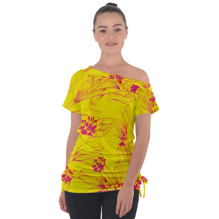 Floral Abstract Pattern Off Shoulder Tie-Up Tee