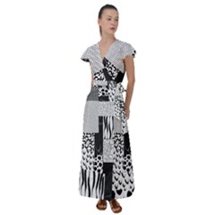 Black And White Pattern Flutter Sleeve Maxi Dress by designsbymallika