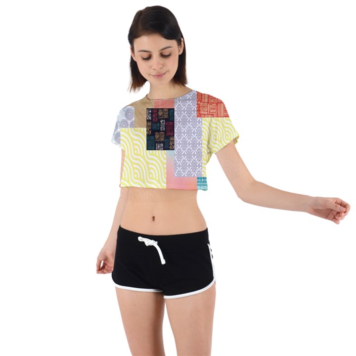 Tribal Mosaic Print Tie Back Short Sleeve Crop Tee