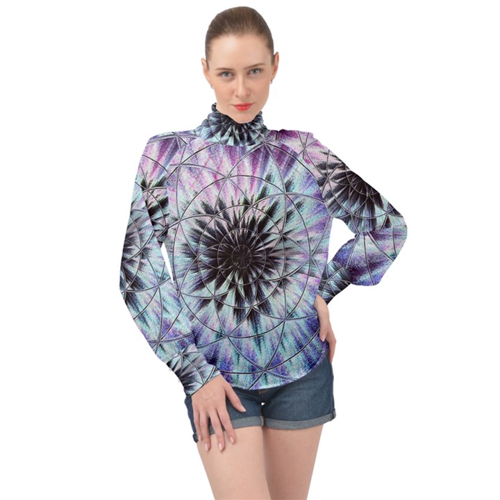 Expansion High Neck Long Sleeve Chiffon Top