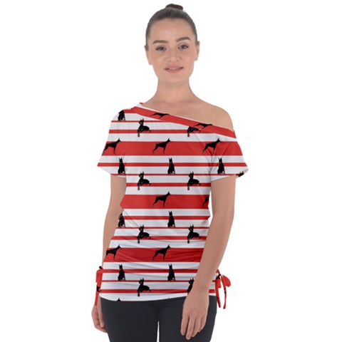 Doberman Dogs On Lines Off Shoulder Tie-up Tee by SychEva