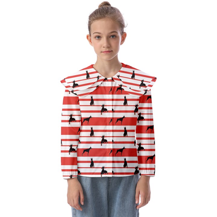 Doberman Dogs On Lines Kids  Peter Pan Collar Blouse