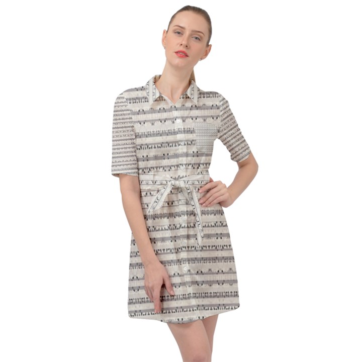 Mixed Gray Striped Ethnic Seamless Pattern Belted Shirt Dress