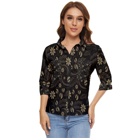 Folk Flowers Pattern  Women s Quarter Sleeve Pocket Shirt by Eskimos