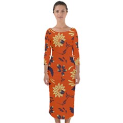 Folk Flowers Pattern  Quarter Sleeve Midi Bodycon Dress by Eskimos