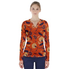 Folk Flowers Pattern  V-neck Long Sleeve Top by Eskimos