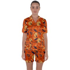 Folk Flowers Pattern  Satin Short Sleeve Pajamas Set by Eskimos