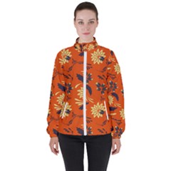 Folk Flowers Pattern  Women s High Neck Windbreaker