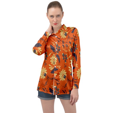 Folk Flowers Pattern  Long Sleeve Satin Shirt by Eskimos