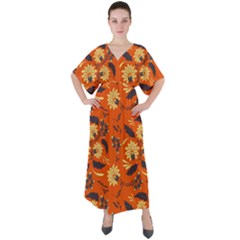 Folk Flowers Pattern  V-neck Boho Style Maxi Dress by Eskimos