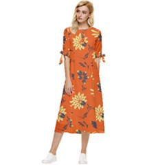 Folk Flowers Pattern  Bow Sleeve Chiffon Midi Dress