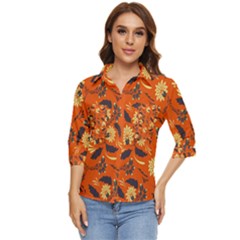 Folk Flowers Pattern  Women s Quarter Sleeve Pocket Shirt