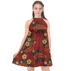 Folk Flowers Pattern Halter Neckline Chiffon Dress 