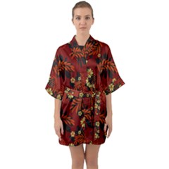 Folk flowers pattern Half Sleeve Satin Kimono 