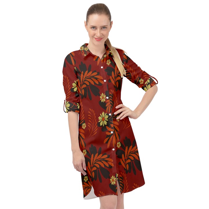 Folk flowers pattern Long Sleeve Mini Shirt Dress