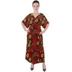 Folk Flowers Pattern V-neck Boho Style Maxi Dress by Eskimos