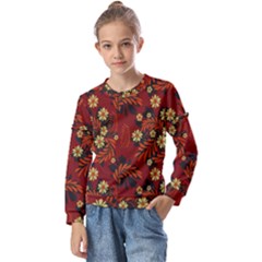 Folk Flowers Pattern Kids  Long Sleeve Tee With Frill 