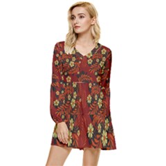 Folk Flowers Pattern Tiered Long Sleeve Mini Dress