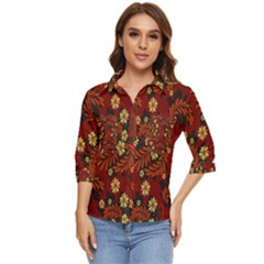 Folk Flowers Pattern Women s Quarter Sleeve Pocket Shirt