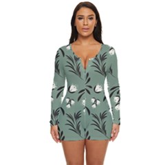 Folk Flowers Pattern Long Sleeve Boyleg Swimsuit