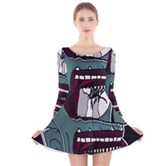 Colored Creepy Man Portrait Illustration Long Sleeve Velvet Skater Dress