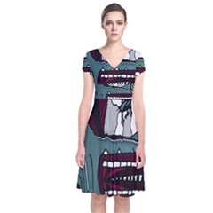 Colored Creepy Man Portrait Illustration Short Sleeve Front Wrap Dress by dflcprintsclothing