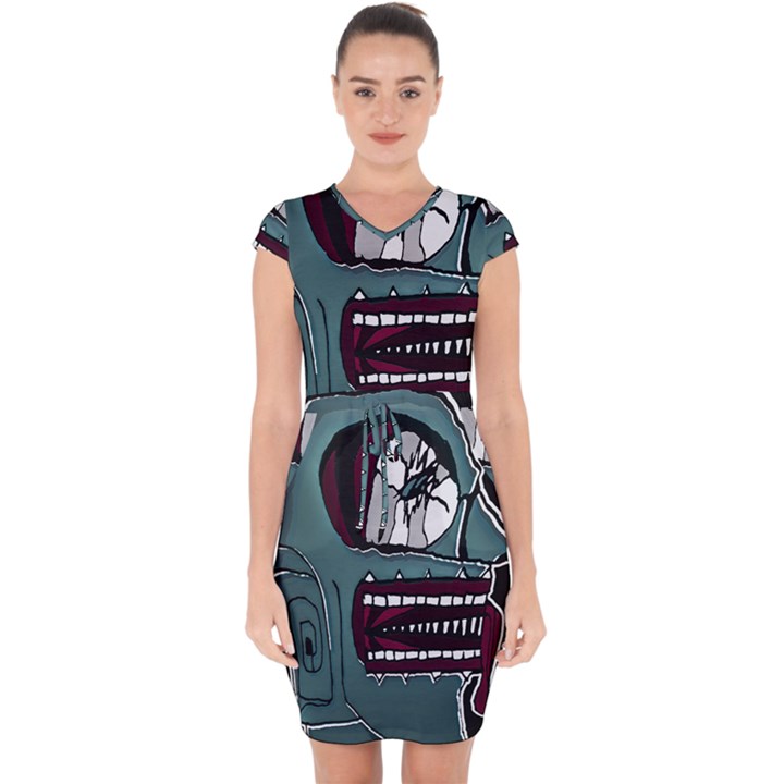 Colored Creepy Man Portrait Illustration Capsleeve Drawstring Dress 