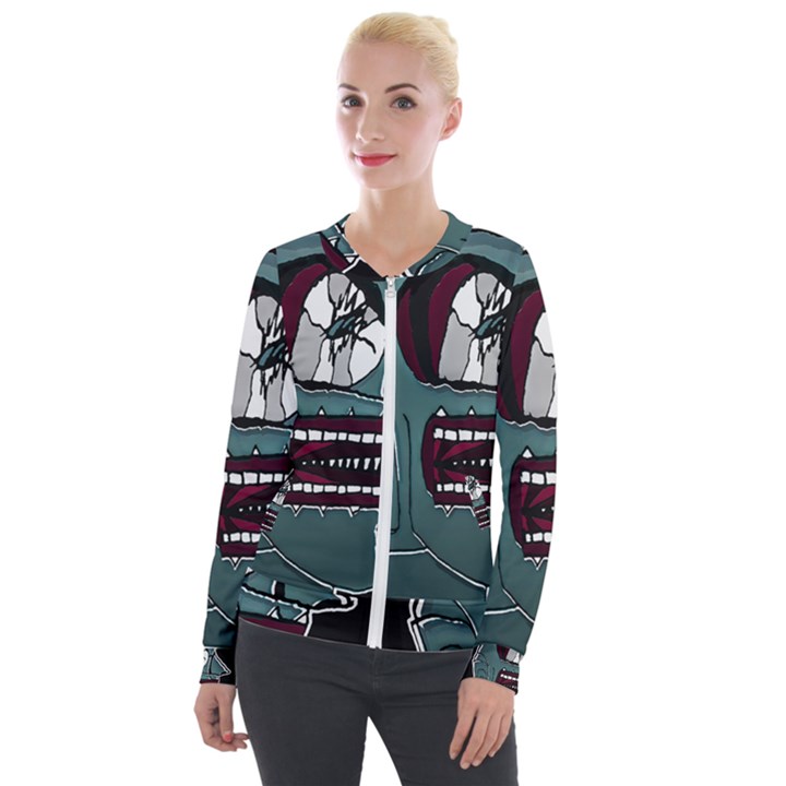 Colored Creepy Man Portrait Illustration Velvet Zip Up Jacket