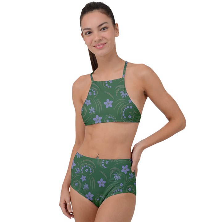 Folk flowers pattern Floral surface design High Waist Tankini Set