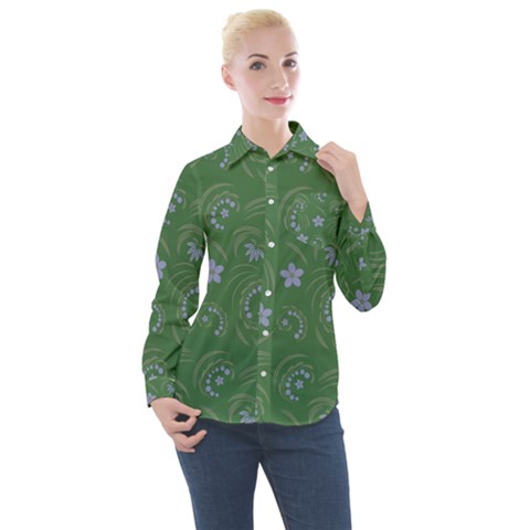 Folk Flowers Pattern Floral Surface Design Women s Long Sleeve Pocket Shirt by Eskimos