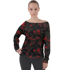 Folk Flowers Pattern Floral Surface Design Off Shoulder Long Sleeve Velour Top by Eskimos