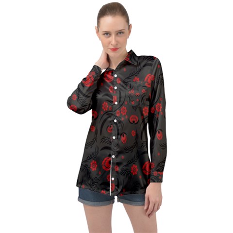 Folk Flowers Pattern Floral Surface Design Long Sleeve Satin Shirt by Eskimos