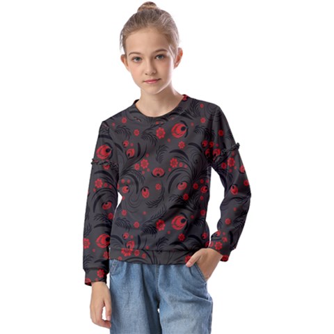 Folk Flowers Pattern Floral Surface Design Kids  Long Sleeve Tee With Frill  by Eskimos