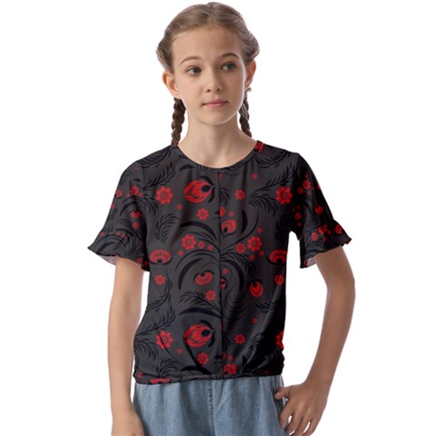 Folk Flowers Pattern Floral Surface Design Kids  Cuff Sleeve Scrunch Bottom Tee by Eskimos